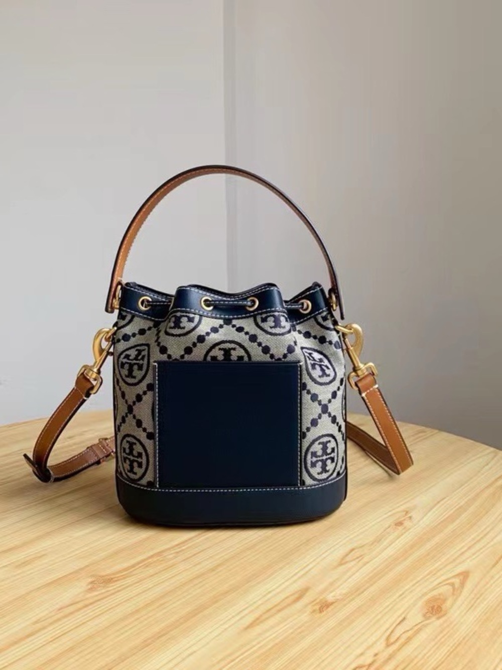 Tory Burch Navy and Tan Logo Drawstring Bucket Bag - Picture 3 of 5